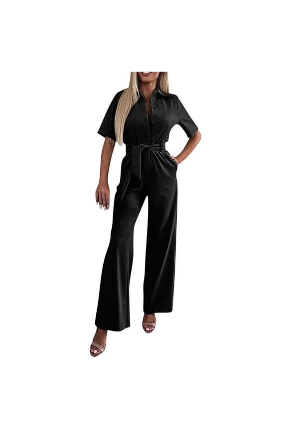 Women's Short Sleeve Collared Coverall Button Down Tie Waist Cotton Cargo Jumpsuit Loose Long Cotton Bib Overalls Baggy Jumpsuits Rompers Jumpsuit Women's Elegant Long Short Sleeve Plain Jum
