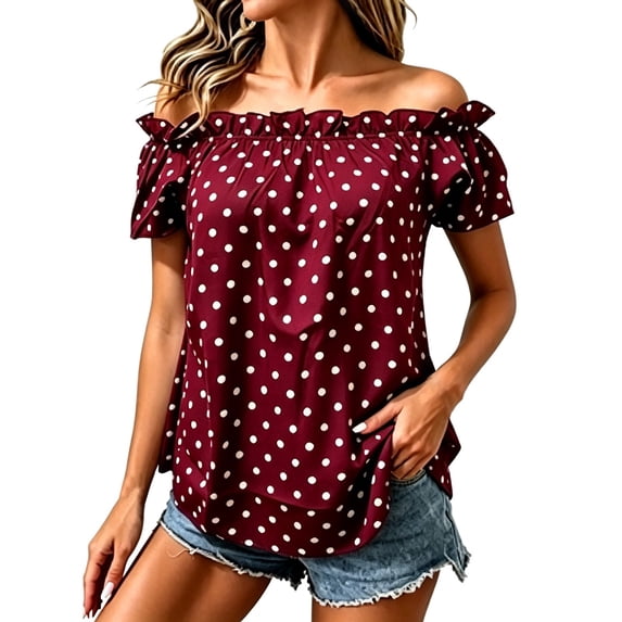 GILIGEGE Women's Off Shoulder Ruffle Tops,Polka Dot Short Sleeve Tops,Flounce Ruffle Vacation Casual Ladies Tops,Trendy Summer Fashion Blouse Dressy Casual Outfits Tops,Going Out Tops Wine