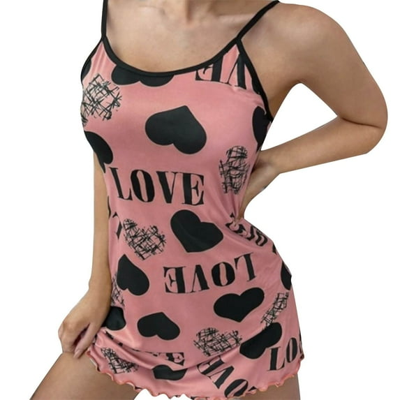 GILIGEGE Women's Sleeveless Ruffle Hem Nightgown Pajama Dress Women's Sleepwear Nightgowns for Women Women's Suspender Home Clothes Set Soft Love Printed Pajama Set Slim Pajama Dress Dress