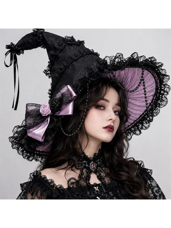 Women's Solid Color Gothic Lace Witch Hat,Vintage Ruffled Wide Brim Pointed Hat with Chain Rose Bow, Cosplay Costume Accessory for Halloween Masquerade Party Pink