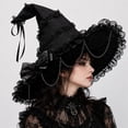 thumbnail image 1 of GILIGEGE Women's Solid Color Gothic Witch Hat,Ruffle Wide Brim Wizard Hat,Removable Green Bow Moon Star Pendant,Lolita Cosplay Accessory for Halloween Masquerade Party Black, 1 of 6