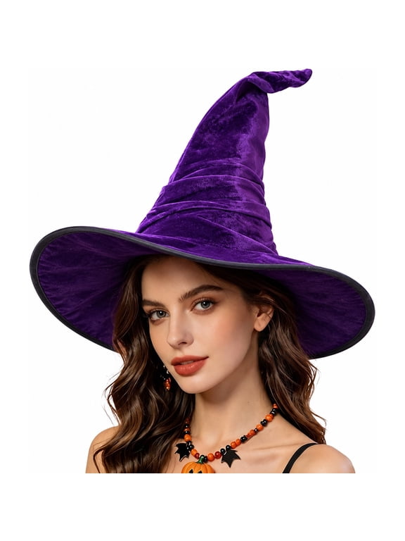 Women's Solid Color Ruched Witch Hat,Wizard Cosplay Costume Accessory,Wide Brim Curved Pointed Hat for Halloween Party,Christmas Masquerade and Carnival Events Purple