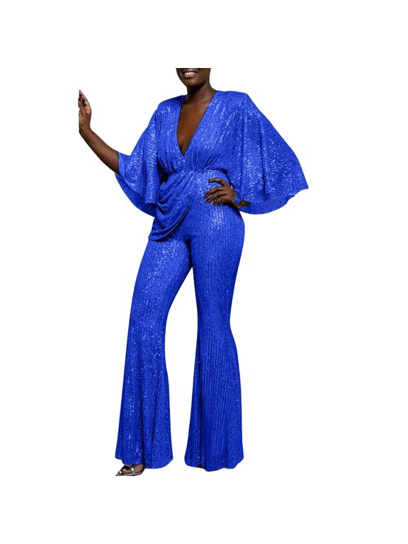 Women's Sparkly Sequin Jumpsuits Romper Plus Size Mock Deep V Lantern Ruffled Sleeve Bodycon Loose High Waist Straight Wide Leg Pants Elegant Cocktail Club Party Shiny One Piece Outfit Blue