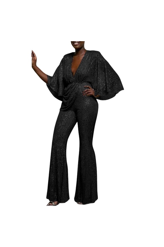 Women's Sparkly Sequin Jumpsuits Romper Plus Size Mock Deep V Lantern Ruffled Sleeve Bodycon Loose High Waist Straight Wide Leg Pants Elegant Cocktail Club Party Shiny One Piece Outfit Black
