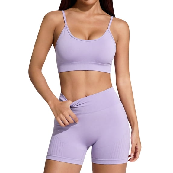GILIGEGE Women's Sports Set Gym 2 Piece Yoga Bra Sports High Waist Seamless Shorts for Jogging Gymnastics Training Dance Workout Activewear Cute Stretchy Soft Summer Fall Athletic Workout Set Purple