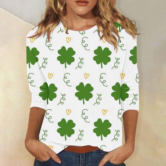 GILIGEGE Women's St Patrick's Day T-Shirt 3/4 Length Sleeve Women Tops Saint Patrick's Tunic Tops Irish Clover Tshirts Shamrock Print Shirts Women Trendy Green Clover T-Shirts Business Work Top