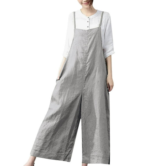 GILIGEGE Women's Summer Boho Casual Jumpsuits Wide Leg Overalls Flowy Baggy Rompers Casual Overalls Baggy Wide Leg Jumpsuits Loose Linen Bib Pants Linen Overalls for Women Pants Romper Bib Jumpsuit