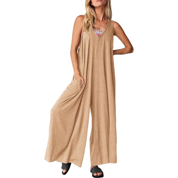 GILIGEGE Women's Summer Causal Jumpsuits Sleeveless Wide Leg Long Rompers V Neck Strap Loose Baggy Overalls Beach Jumpsuits with Pockets High Waisted Stylish Loose Jumpsuit Vest V Neck Wide Leg