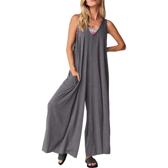 GILIGEGE Women's Summer Causal Jumpsuits Sleeveless Wide Leg Long Rompers V Neck Strap Loose Baggy Overalls Beach Jumpsuits with Pockets High Waisted Stylish Loose Jumpsuit Vest V Neck Wide Leg