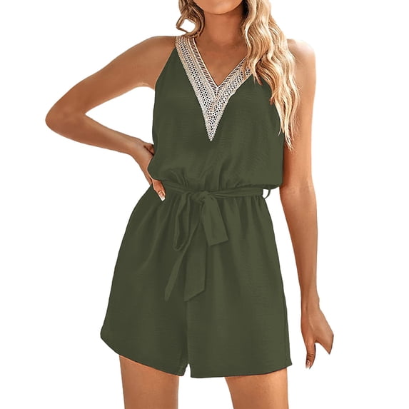 GILIGEGE Women's Summer V Neck Romper 2025 Fashion Sleeveless Casual Waist Tie Short Jumpsuit with Pocket Spring Summer V Neck Lace Solid Color with Pockets and Waistband Exposed Back Loose Jumpsuit