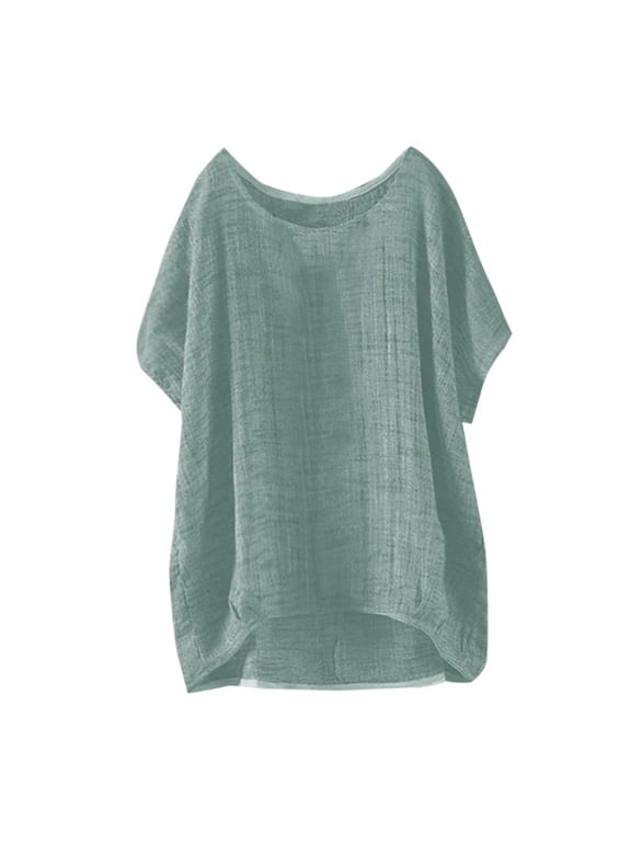Women's Tunics Gauze Tops for Women Linen Blend Shirts Women Tunic Top Loose Fit Blouse Trendy Retro Blouse Lightweight Flowy Blouses Solid Color Lightweight Blouse Green