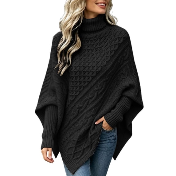 GILIGEGE Women's Turtleneck Poncho Sweaters Cable Knit Casual Pullover Sweater Asymmetrical Drop Shoulder High Neck Long Sleeve Pullover Oversized Knit Casual Fall Winter Going Out Top Black 3XL