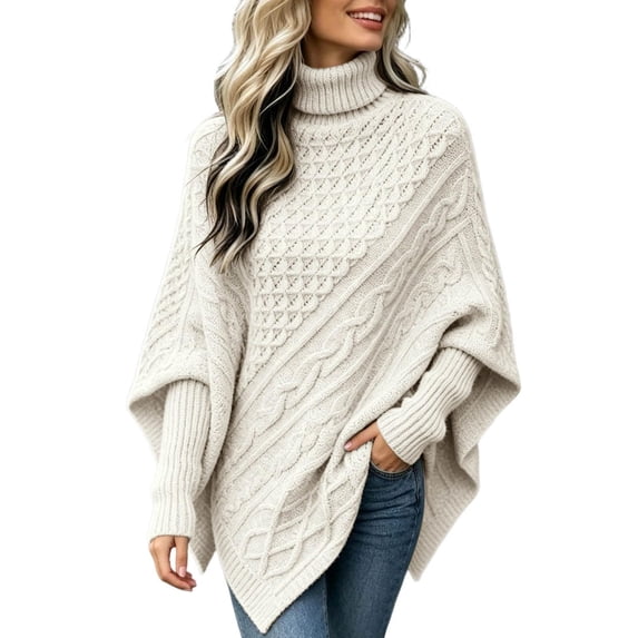GILIGEGE Women's Turtleneck Poncho Sweaters Cable Knit Casual Pullover Sweater Asymmetrical Drop Shoulder High Neck Long Sleeve Pullover Oversized Knit Casual Fall Winter Going Out Top Beige 3XL