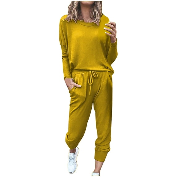 GILIGEGE Women's Two Piece Outfit Long Sleeve Crewneck Pullover Tops And Long Pants Tracksuit Sweatsuits With Sweatpants Yellow S