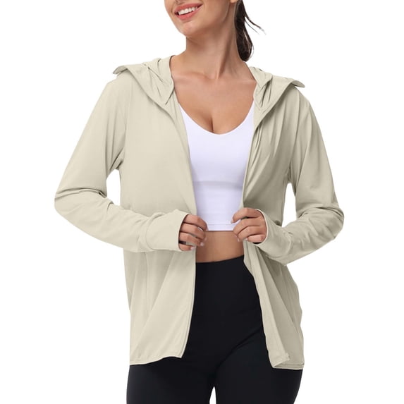 GILIGEGE Women's UPF 50+ Sun Protection Hoodie Jacket,Lightweight Athletic Sun Shirt with Pocket,Full Zip Long Sleeve Shirts,Sun Cover Up Shirt,Cooling for Hiking Running Outdoor Beige