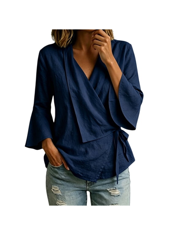 Women's V Neck 3/4 Sleeves Wrap Top,crisscross tie cotton linen solid top,Front Tie Blouse,Side Straped Ruffled Sleeves,Loose Fit Work Shirts,Beach Vacation Outfits,Basic Tops Navy
