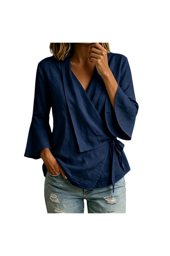Women's V Neck 3/4 Sleeves Wrap Top,crisscross tie cotton linen solid top,Front Tie Blouse,Side Straped Ruffled Sleeves,Loose Fit Work Shirts,Beach Vacation Outfits,Basic Tops Navy