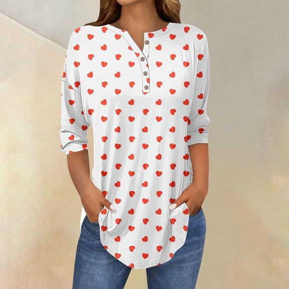 GILIGEGE Women's Valentine Tops Long Sleeve Shirts V Neck Hearts Floral Tunic Curved Hem Spring Casual Blouse,Henley Shirts for Women,3/4 Sleeve Shirts Fall Fashion Cute Work Outfits Clothes White