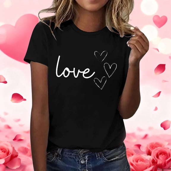 GILIGEGE Women's Valentines Day Shirt Heart T-Shirt Graphic Short Sleeve Love Black Tee Shirts Wife's Day Outfits,Cute Love Heart Print T Shirts Funny Graphic T Shirt Plus Size Summer Tops for Women