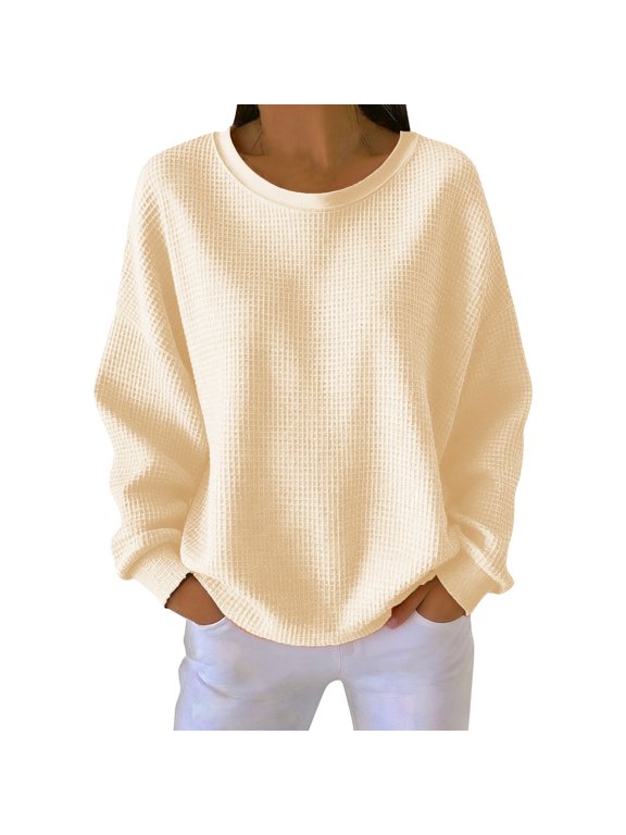 Women's Waffle Knit Crewneck Pullover Top,Long Sleeve Drop Shoulder Loose Fit Blouse,Solid Color Lightweight Shirt for Casual Lounging,City Walks and Spring Everyday Outfits Light Yellow 3XL