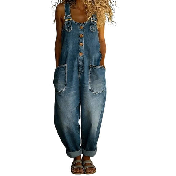 GILIGEGE Women's Y2K Denim Bib Overall Pants,Button Front Wide Leg Jean Jumpsuits Vintage Loose Romper,Adjustable Strap Casual Sleeveless Jumpsuits with Pockets,Washed Denim Overall Pants Blue S