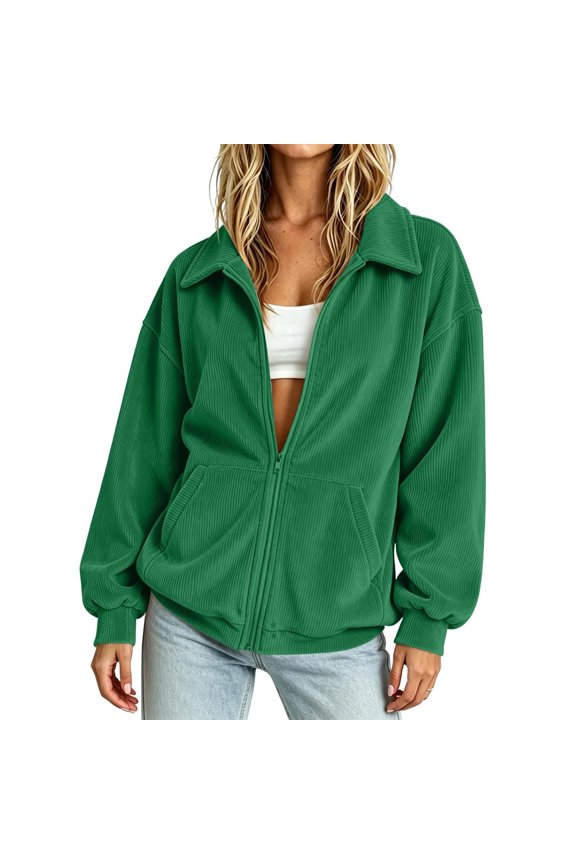 Women's Zip Up Jacket,Corduroy Oversized Collared Jackets,Casual Long Sleeve Sweatshirts,Sherpa Sweatshirt,bomber jacket women,Comfy Soft Fall Fashion Coat Windbreaker with Pockets Green