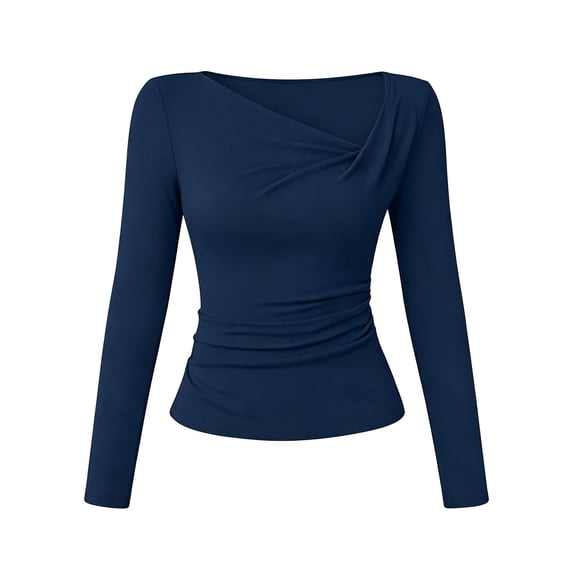 GILIGEGE Womens Asymmetrical Long Sleeve Fall Shirt Going Out Top Work Blouse,Ruched Slim Fit T-Shirts,Comfy Stretchy Y2K Clothes 2026 Fashion V Neck Basics Business Casual Outfits Dark Blue M