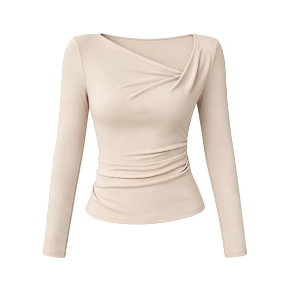 GILIGEGE Womens Asymmetrical Long Sleeve Fall Shirt Going Out Top Work Blouse,Ruched Slim Fit T-Shirts,Comfy Stretchy Y2K Clothes 2026 Fashion V Neck Basics Business Casual Outfits Light Yellow 2XL