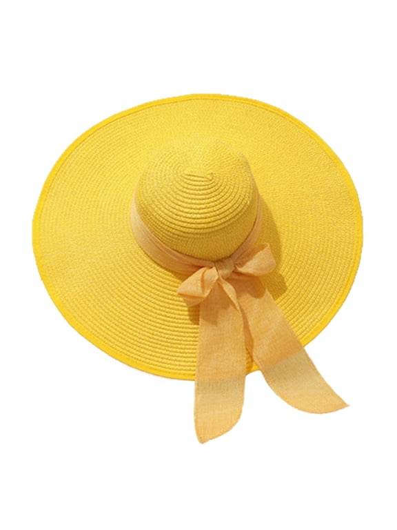 Womens Big Bowknot Straw Hat Big Floppy Beach Sunhat Foldable Roll Up Cap Hat Fashion Dome Top Hats Wide Brim Hat Church Tea Party Easter Bonnets Fascinator Ladies Fashion Cap Yellow