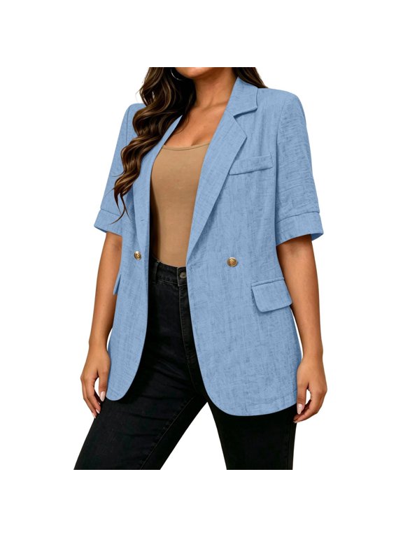 Womens Casual Blazer,Short Sleeve Lapel Work Office Blazer,Lightweight One Button Jackets,Business Suit Blazer,Breathable Full-Lined Open Front Suit Jackets with Pockets Light Blue