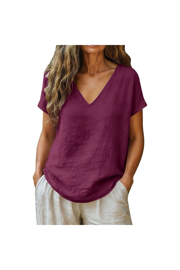 Womens Casual Cotton LinenTops Solid Color Blouses MuslIn Shirt Women Lightweight Blouses Work Camping OutfitsTop Womens LinenTops Gauzy Shirts V Neck Pullover Loose FitTops Wine S