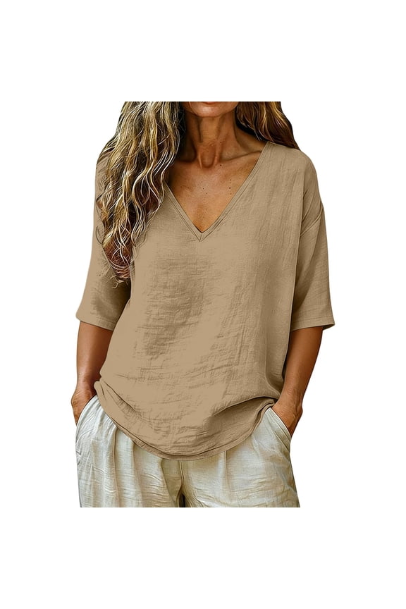 Womens Cotton Linen Shirts Breathable Sleeve 3/4 Sleeve Vintage Blouse Casual Bohemian Shirts Trendy Retro Blouse Gauze Tops for Women Plus Size Blouses Muslin Tops Khaki S