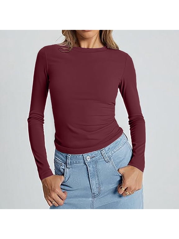 Womens Crew Neck Long Sleeve Shirts,Compression Underscrubs Tops,Slim Lightweigh,Going Out Crop Tops,Gym to street,buttery-soft,travel ready staple,Fall Fashion 2026 Basic Y2k Tops RD3