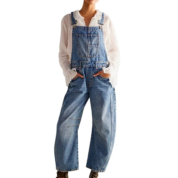 GILIGEGE Womens Denim Bib Overalls Regular Fit Bib Jean Jumpsuits Comfy Adjustable Straps Wide Leg Pants Jean Barrel Leg Baggy Jumpsuit Loose Fit Outfits Blue