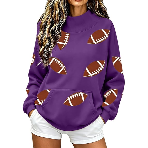 GILIGEGE Womens Football Rugby Sweatshirt,Game Day Y2K Crewneck Oversized Shirt,Funny Graphic Print Hoodies,Long Sleeve Fleece Pullover,Casual Fall Season Pullover Tops with Pockets Purple L