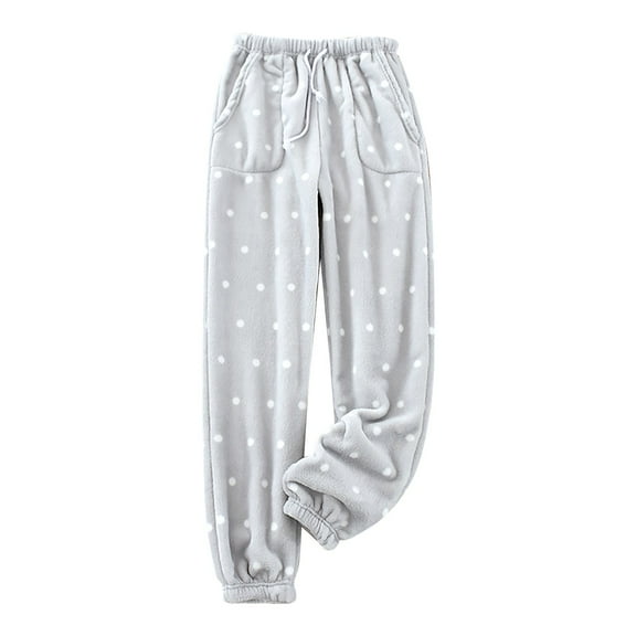 GILIGEGE Womens Fuzzy Pajama Pants Cute Polka Dot Print Sleep Lounge Bottoms Comfy Soft Long Pj Pants with Pockets Winter Plush Fluffy Sleepwear Drawstring Pants Winter Warm Pj Bottoms Grey L