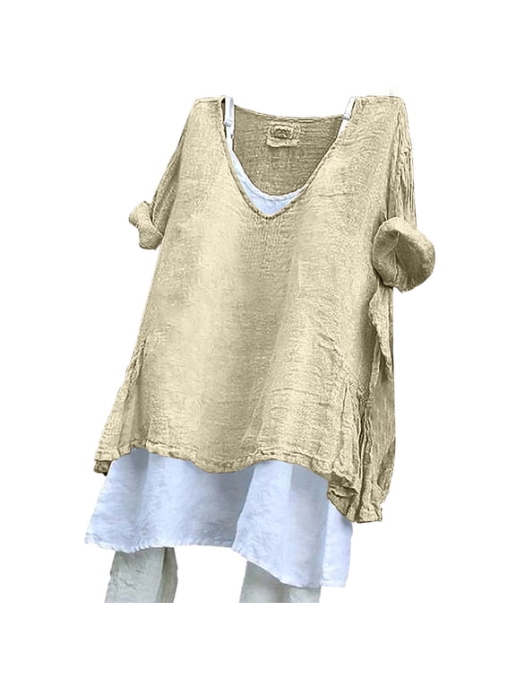 Womens Gauze Tops Gauze Cotton Blouse Flowy Blouse Trendy Retro Blouse Linen Blend Shirts Women Peasant Shirts Solid Color Lightweight Blouse Cotton Linen Shirts Tunic Top Beige XL