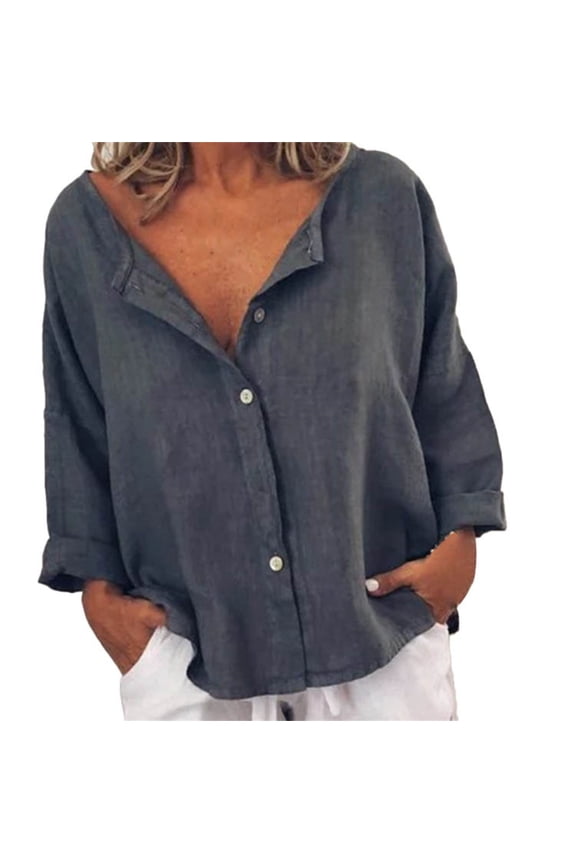 Womens Gauze Tops for Women Casual Bohemian Shirts Dressy Shirts Muslin Tops Women's Linen Tops Breathable Sleeve 3/4 Sleeve Linen Blend Shirts Women Vacation Clothes Grey S
