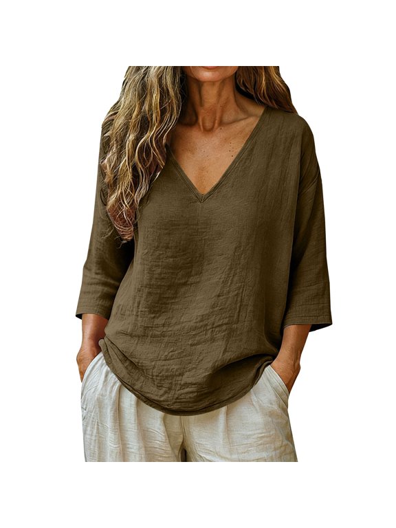 Womens Linen Shirts Work Camping OutfitsTop Pullover Shirts Ropa De Lino Para Mujer Cotton Blouses Loose FitTops Summer Outfits MuslIn Shirt Women V Neck Shirts Tunic Blouse Green 4XL