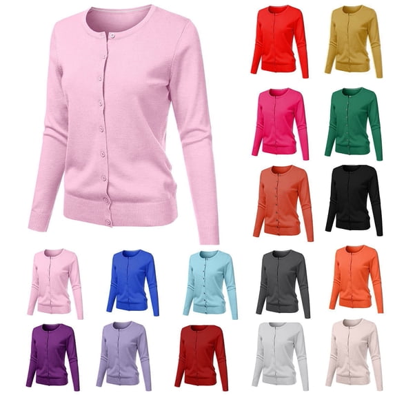 GILIGEGE Womens Long Sleeve Knit Cardigan Sweaters,Crew Neck Classic Casual Dressy Open Front Lightweight Top Button Down Slim Fit Summer Outfits Thick and Soft Mother Grandmother Gift Pink S