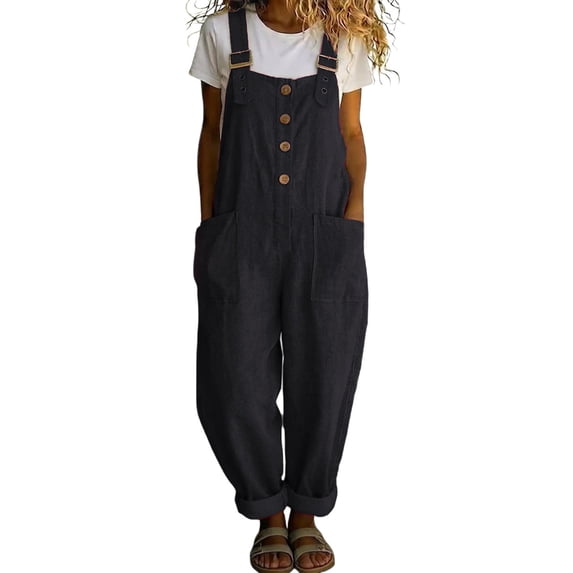 GILIGEGE Womens Overalls # Button-Front OverallsPants Outfits Lightweight Comfy Rompers Wide Leg Pants Casual Long Bib Pants Sleeveless Jumpsuits Harem Overalls Beach Vacation Overalls Black