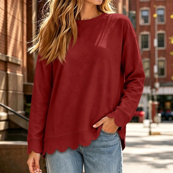 GILIGEGE Womens Oversized Crewneck Sweatshirts,Scalloped Casual Pullover,Long Sleeve, Comfort Soft Cute Sweater,Relaxed Loose Fit,Lightweight Loungewear,Athletic Daily 2026 Trendy Fall Outfits Wine S