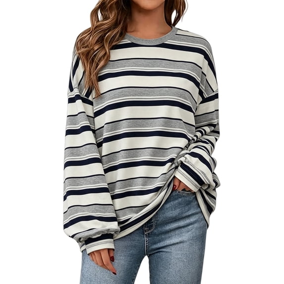 GILIGEGE Womens Oversized Striped Long Sleeve Shirts Fall Tops 2026 Basic Tees Crewneck Fitness Clothing,Y2k Streetwear,Workout Gym Athletic,Plus Size Fashion,Winter Outfits,Cute Sweatshirts Grey XL