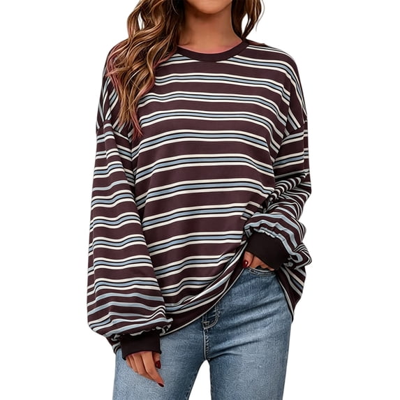 GILIGEGE Womens Oversized Striped Long Sleeve Shirts Fall Tops 2026 Basic Tees Crewneck Fitness Clothing,Y2k Streetwear,Workout Gym Athletic,Plus Size Fashion,Winter Outfits,Cute Sweatshirts Coffee S