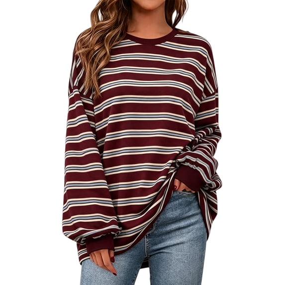 GILIGEGE Womens Oversized Striped Long Sleeve Shirts Fall Tops 2026 Basic Tees Crewneck Fitness Clothing,Y2k Streetwear,Workout Gym Athletic,Plus Size Fashion,Winter Outfits,Cute Sweatshirts Red M