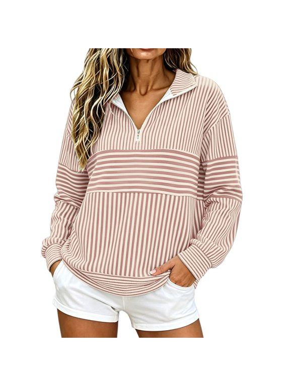 Womens Quarter Zip Color Block Henley Collared Sweatshirt Long Sleeve Striped Half Zip Pullover,Ribbed Trim Cuffs,Casual Dropped Fit Casual Oversized Tops Fall Fashion Khaki S