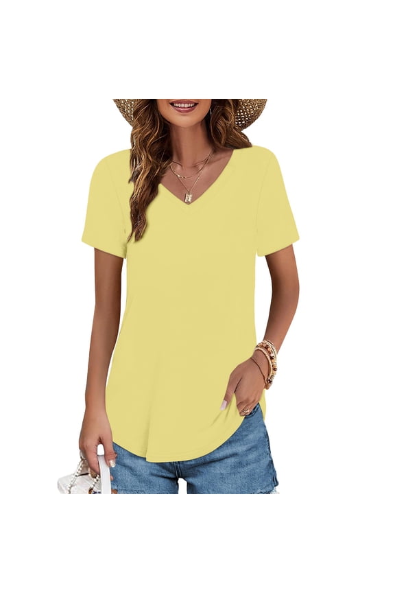 Womens Short Sleeve V Neck T Shirts Oversized Tshirts Loose Fit Tees Lightweight Quick Dry Breathable Tops Summer Upf 50+ Casual Soft Workout Trendy 2026 Basics V Neck Plain Tshirt Yellow