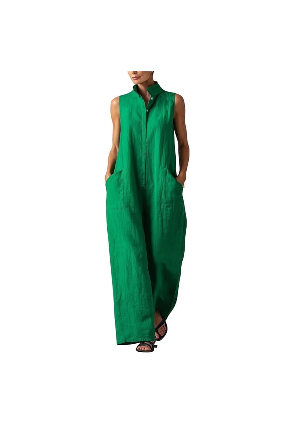 Womens Sleeveless Summer Jumpsuit Casual Wide Legs Rompers Solid Color Set Baggy Button Down V Neck Summer Overalls Lightweight Comfy Jumpsuits Rompers with Pockets Green