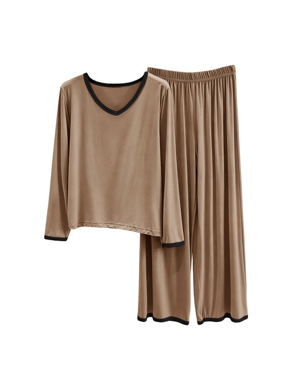 Womens Soft Modal Pajama Sets Long Sleeve V Neck Pullover Contrast Trim Top and Long Elastic Waist Pants Cozy Lightweight Casual Loose Sleepwear 2 Piece Loungewear for Home Night Wear Khaki