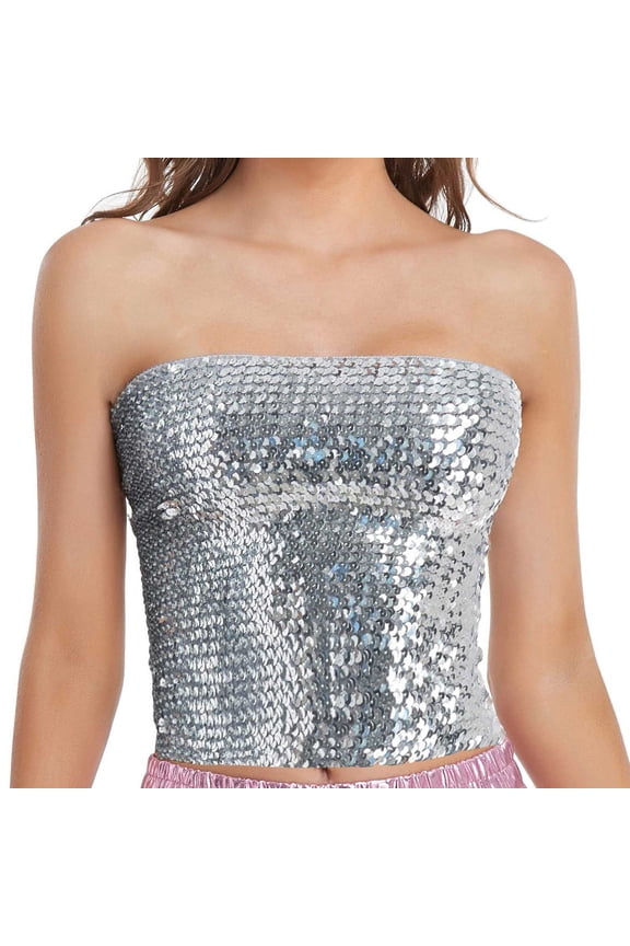 Womens Sparkly Sequin Mermaid Crop Tops Strapless Bandeau Tube Top Stretchy Strapless Crop Dressy Tops Summer Camisole Blouse 2026 Vacation Fashion Clothes Sleeveless Party Clubwear Silver